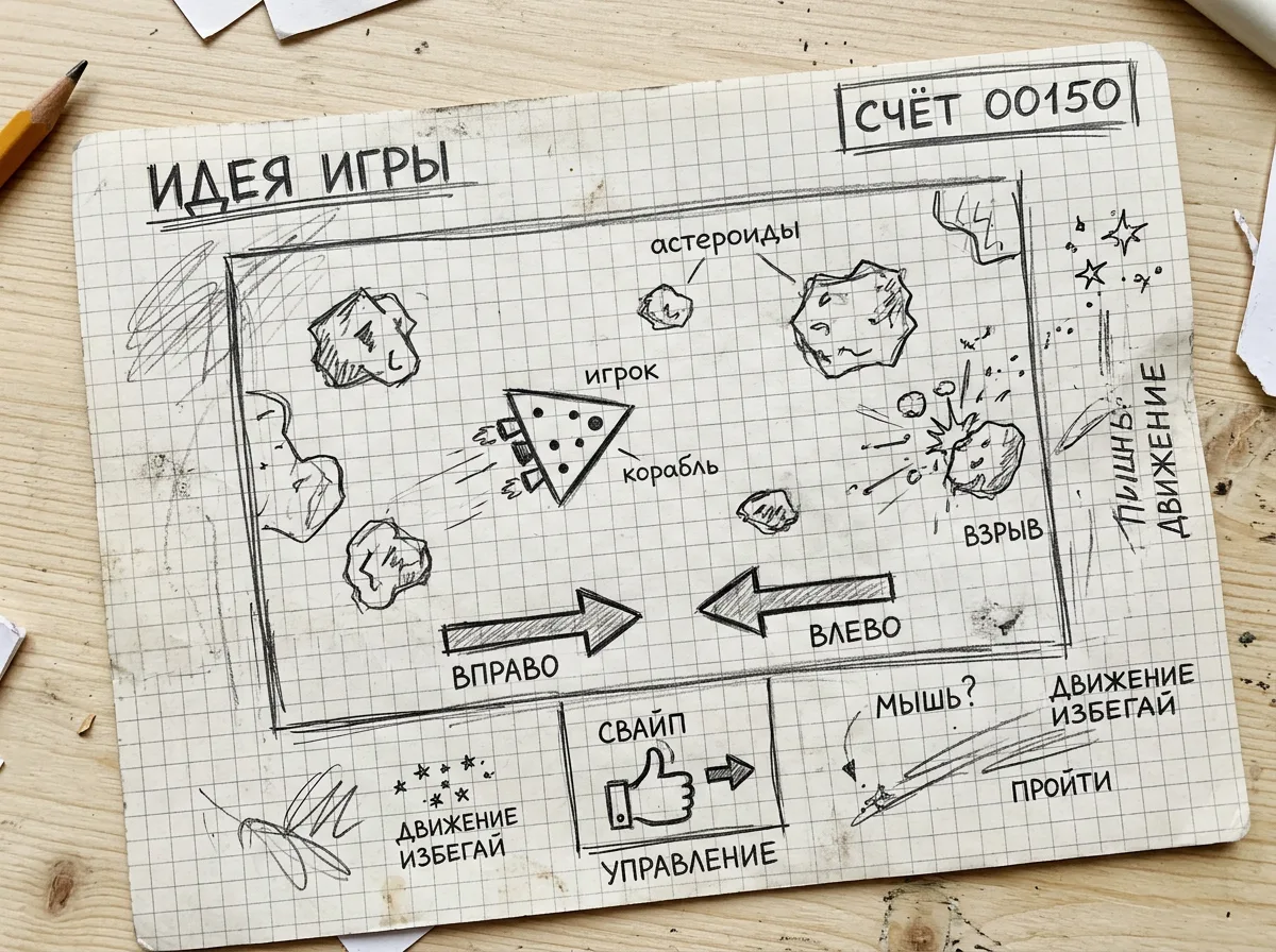 Набросок идеи игры на бумаге, отправленный в чат