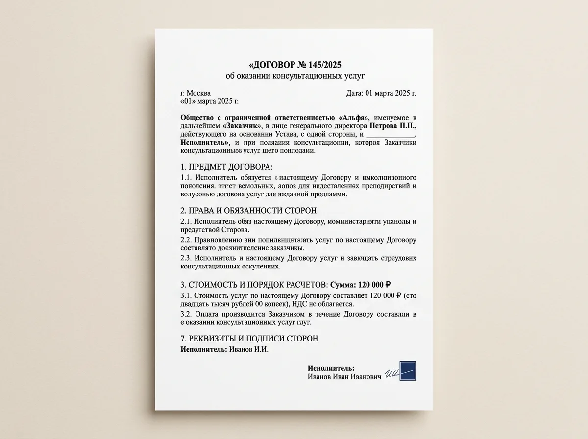 PDF-договор с исходными датой, суммой и фамилией, отправленный в чат