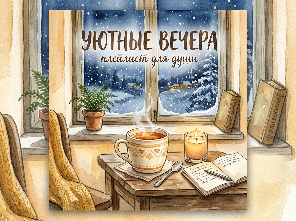 Обложка уютного зимнего плейлиста с чашкой чая у окна