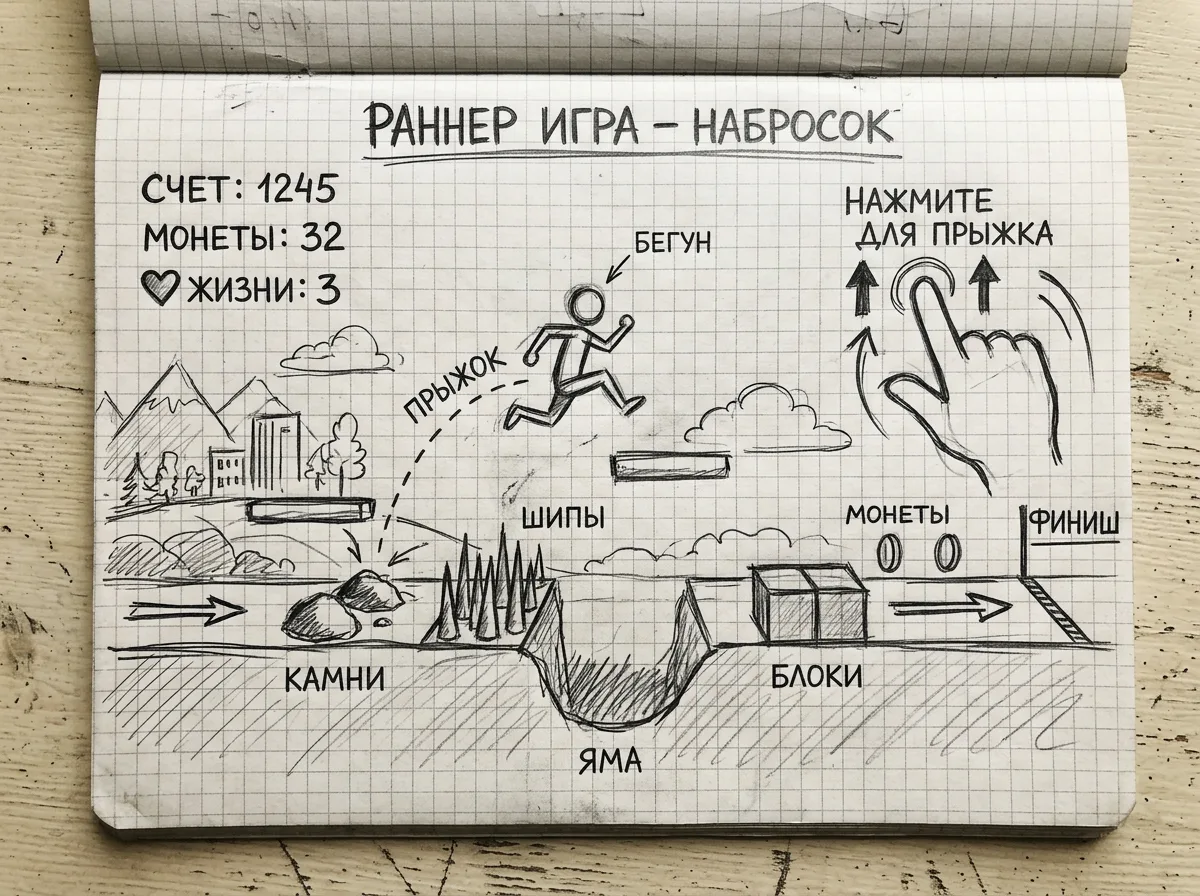 Набросок идеи раннера на бумаге