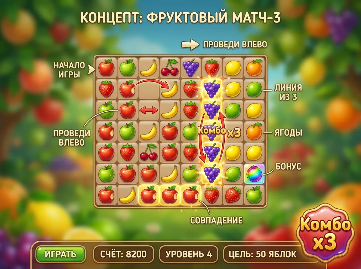 Готовая игра «три в ряд» с сеткой фруктов и счётом