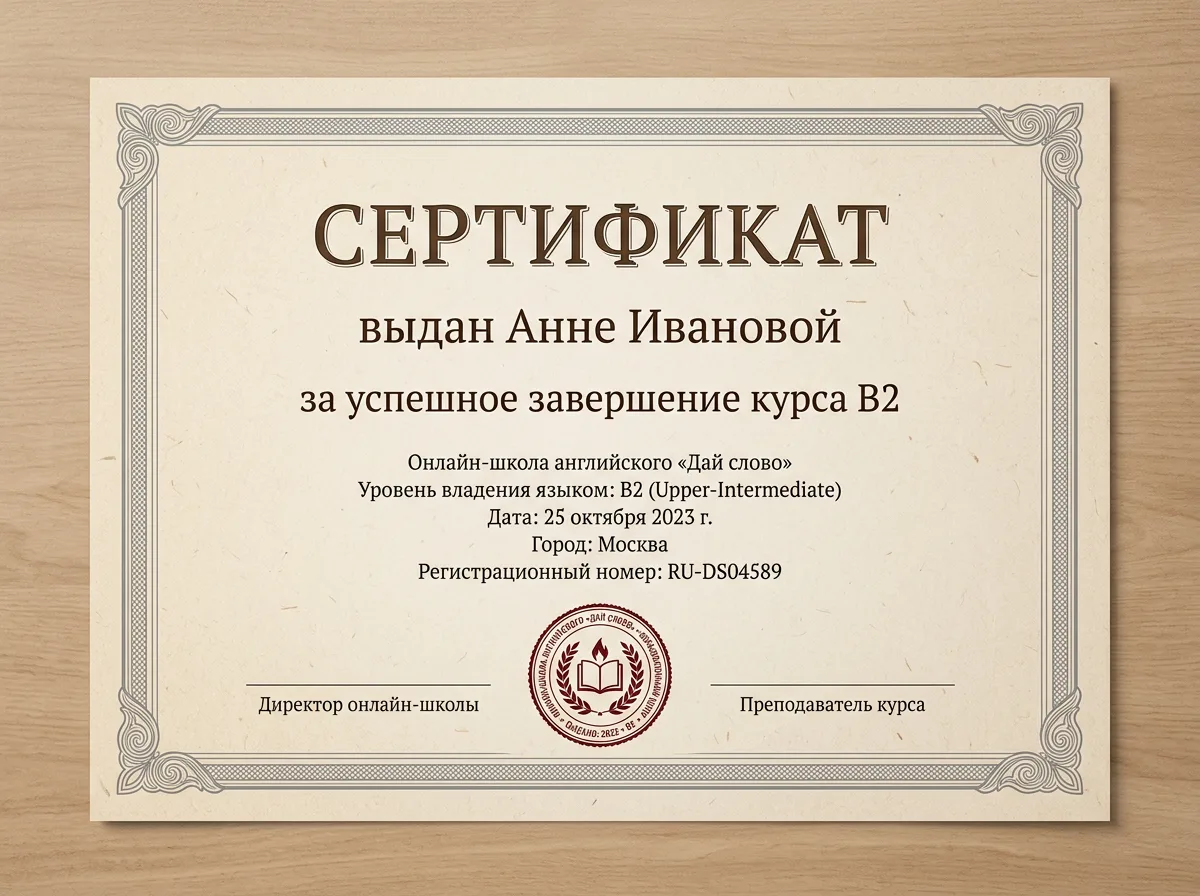 Сертификат онлайн-школы английского «Дай слово»