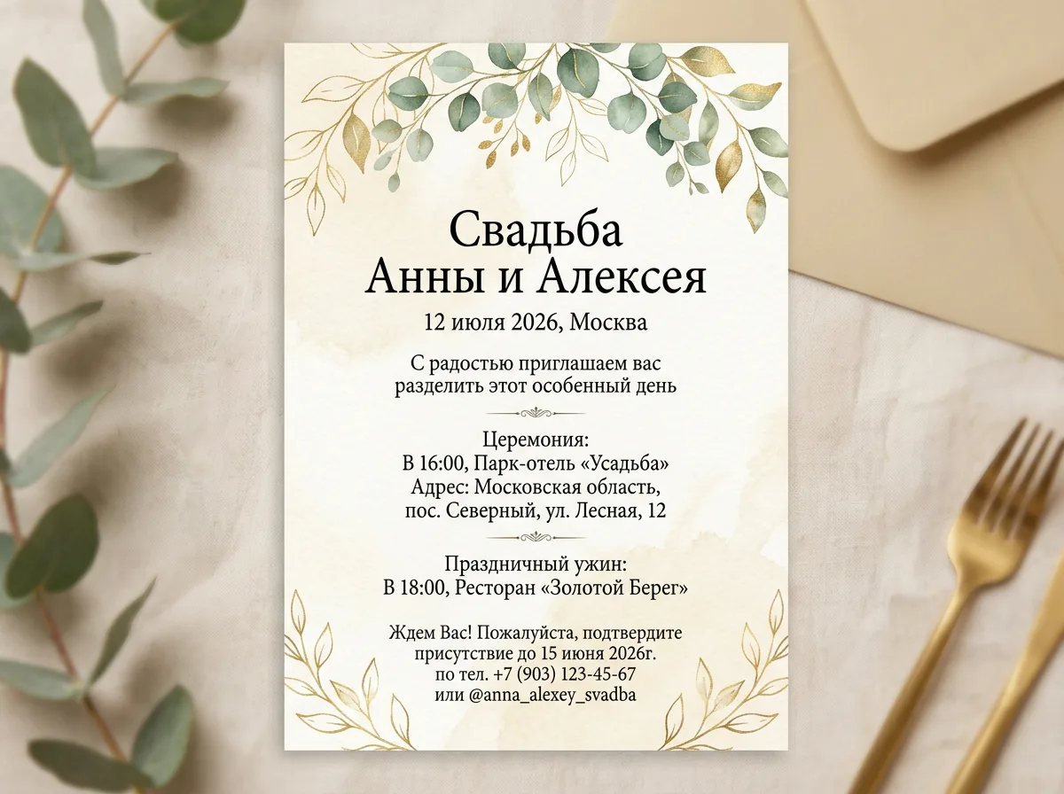 Свадебное приглашение с акварельными золотыми веточками