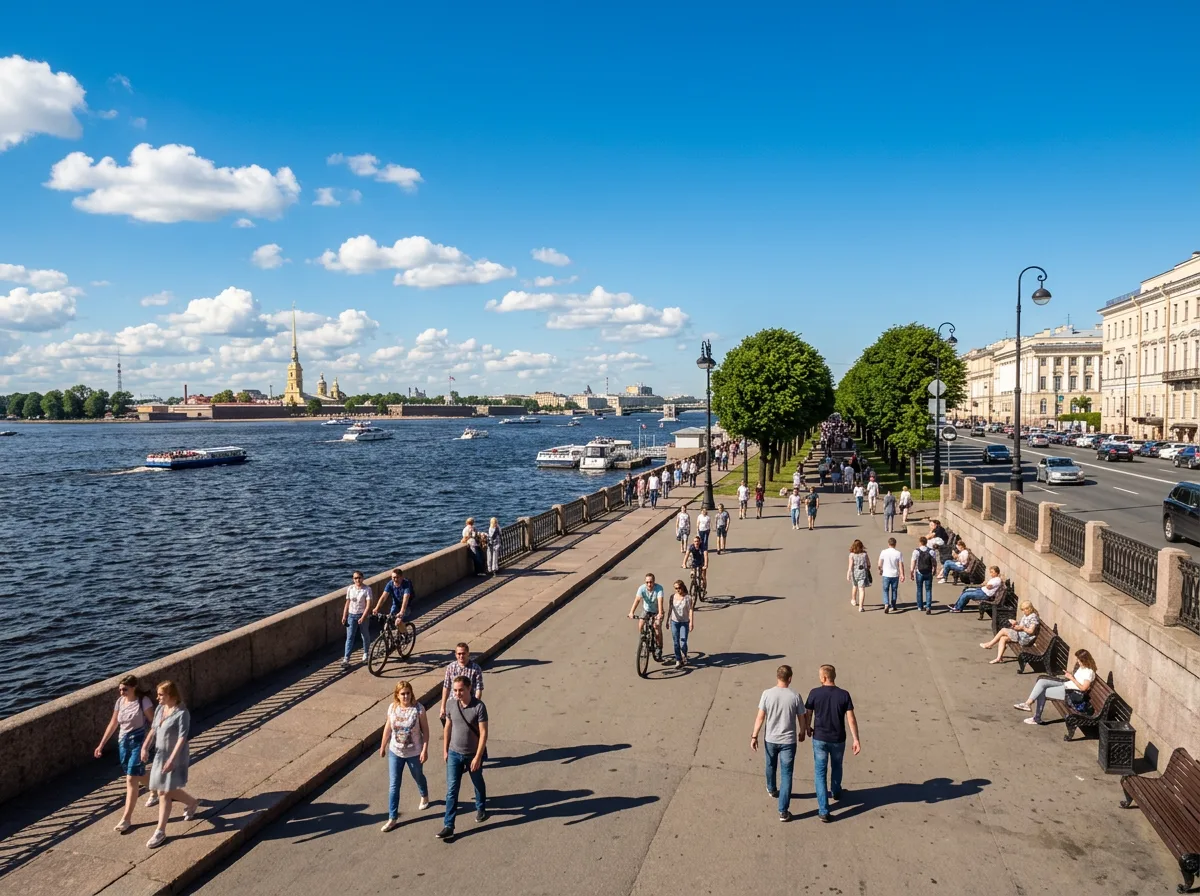 Городская набережная днём в ясную погоду