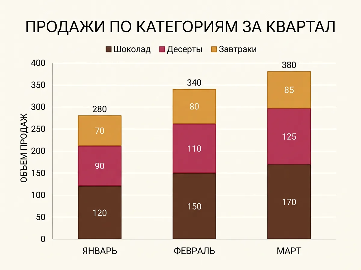 Штабелированная диаграмма продаж кофейни по категориям