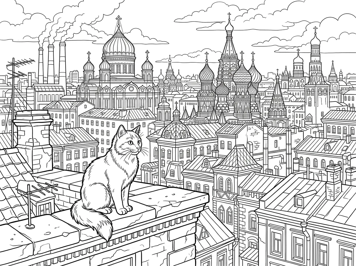 Раскраска с котом на московских крышах