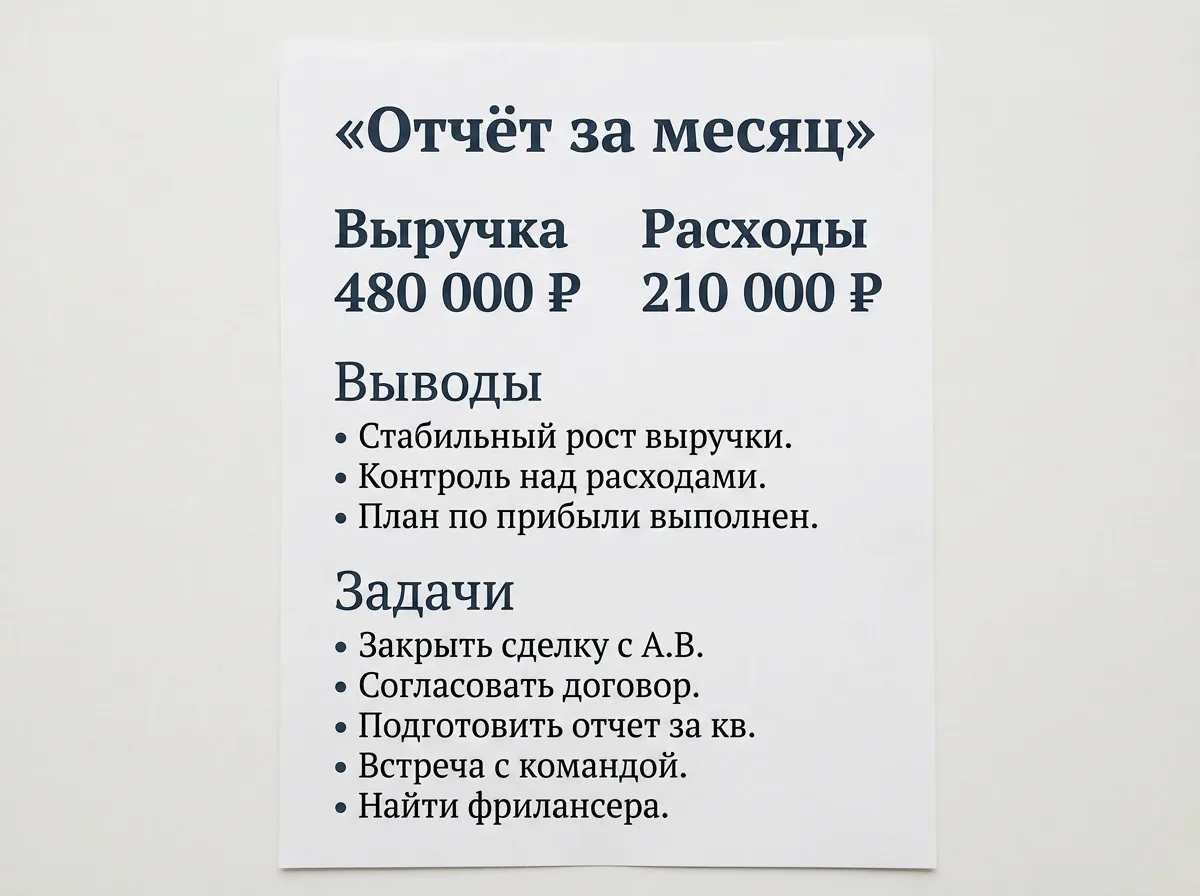 Готовый одностраничный отчёт с заголовками и блоком цифр