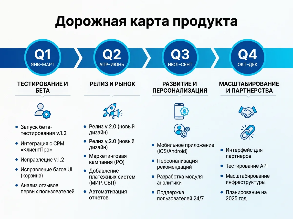 Готовый слайд с дорожной картой на четыре квартала