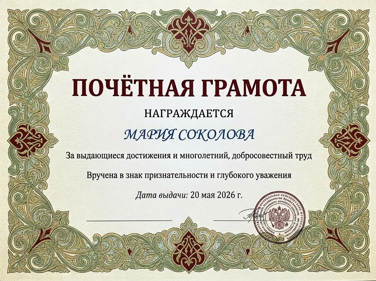 Сертификат с обновлённым именем и датой, оформление сохранено