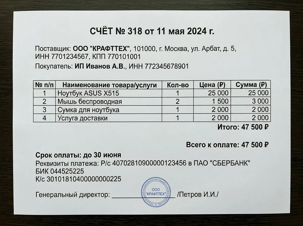 Счёт с обновлённым номером, суммой и сроком оплаты