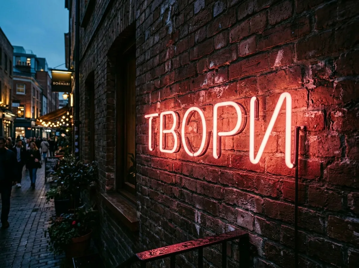 Неоновая вывеска со словом «ТВОРИ»