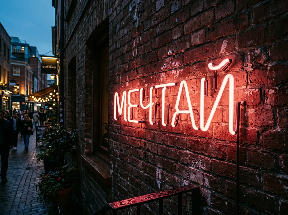 Неоновая вывеска со словом «МЕЧТАЙ»