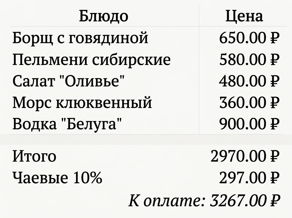 Таблица с блюдами, ценами и чаевыми, собранная по фото счёта