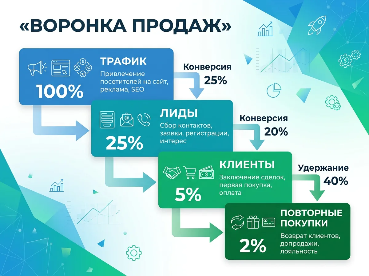 Бизнес-схема «ВОРОНКА ПРОДАЖ» с четырьмя ступенями