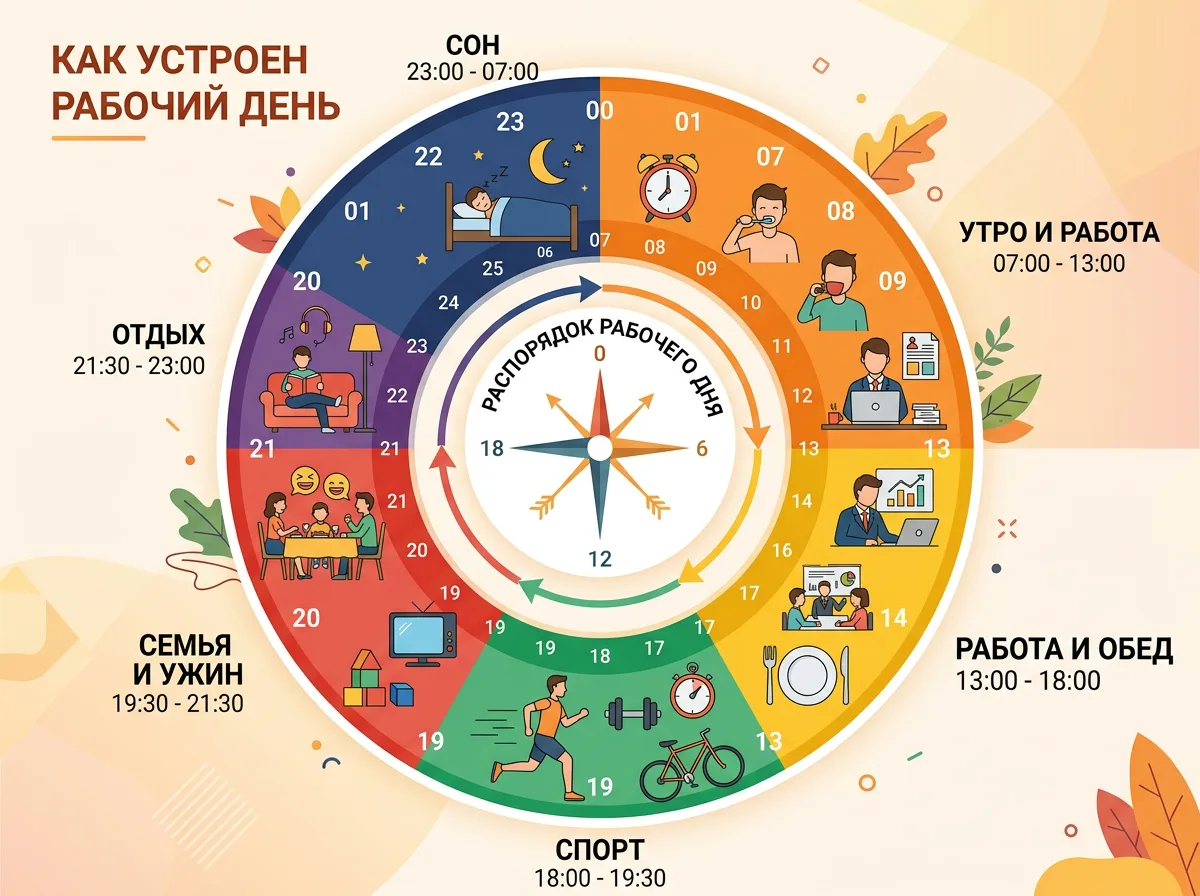 Круговая инфографика рабочего дня по часам