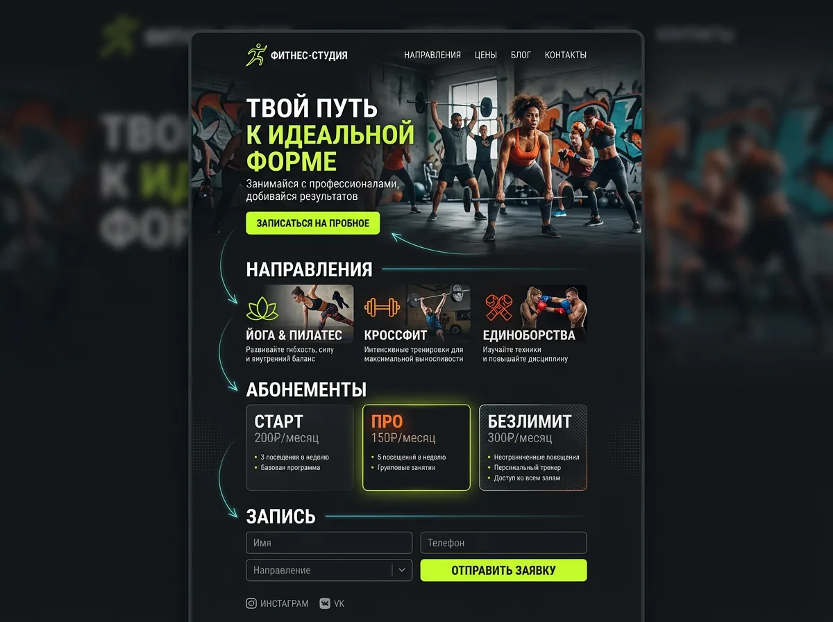 Готовый лендинг фитнес-студии с направлениями и абонементами