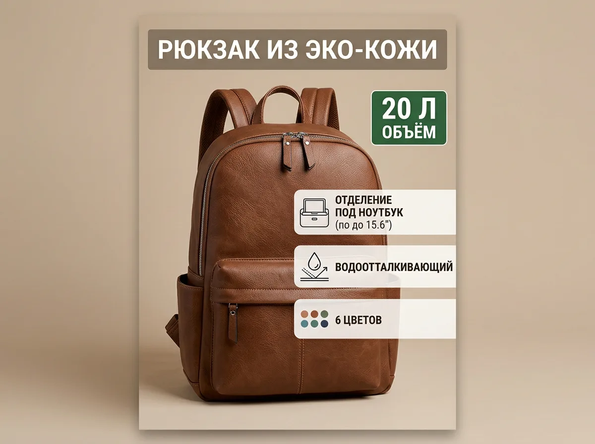 Карточка WB кожаного рюкзака с тремя иконками-фактами