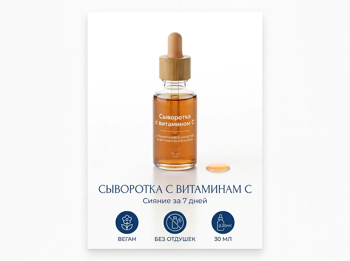 Карточка Ozon с косметической сывороткой и витамином C