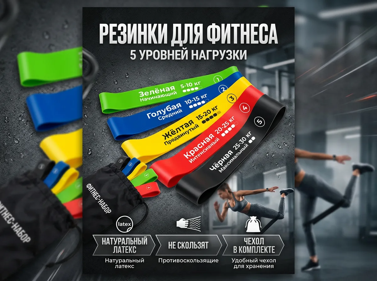 Карточка фитнес-резинок с пятью уровнями нагрузки