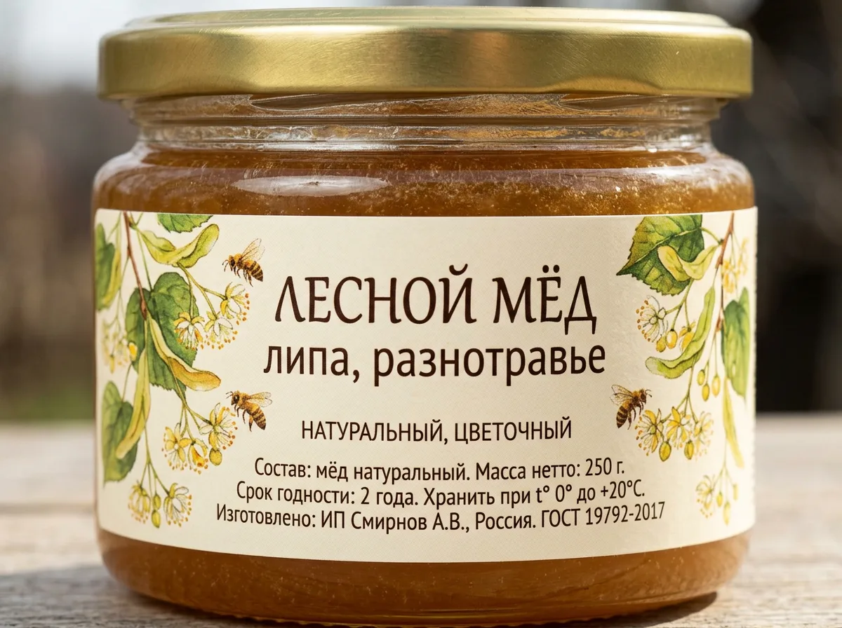 Этикетка крафтового мёда «Лесной» с пчёлами