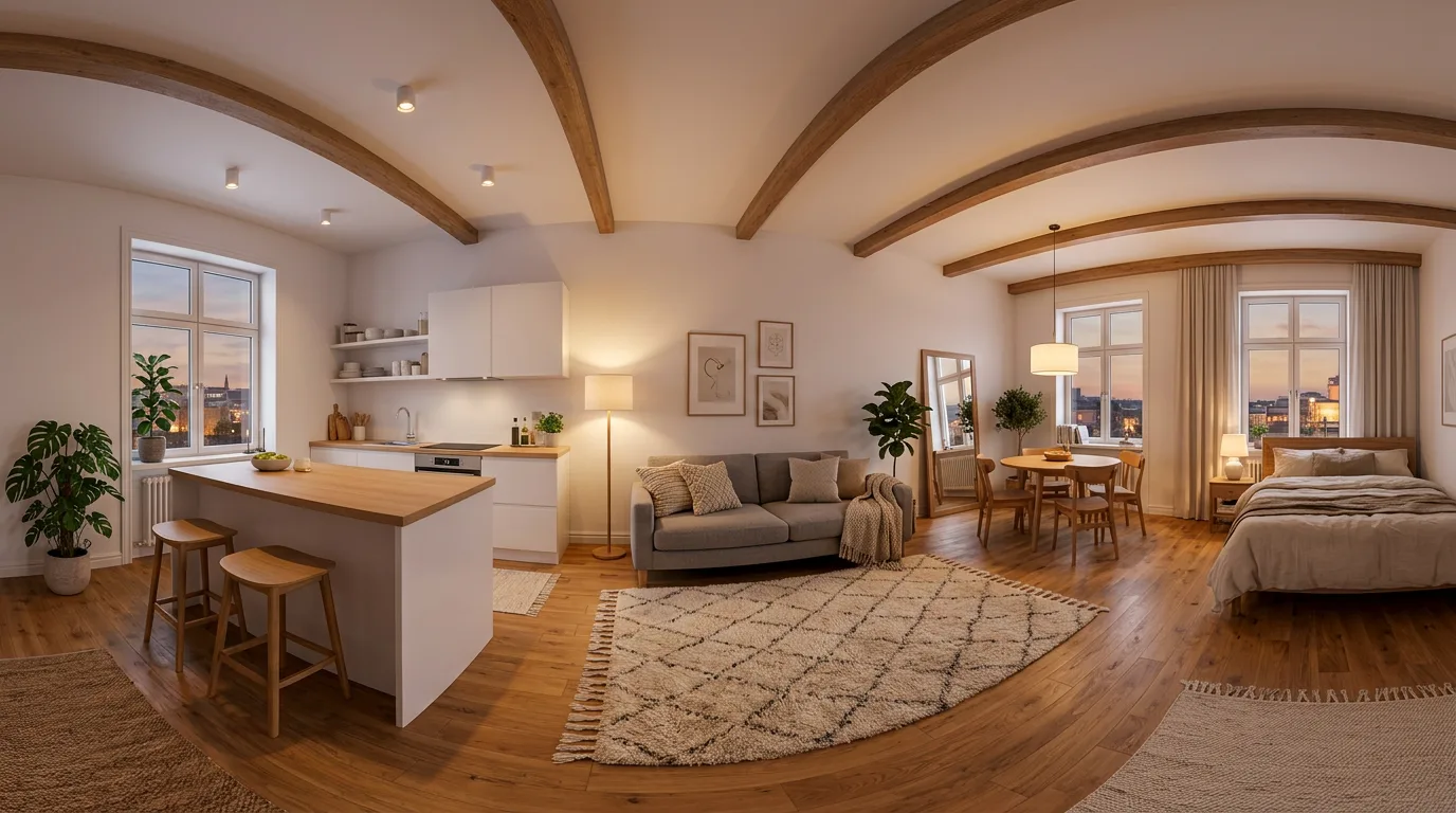 360°-панорама квартиры-студии в скандинавском стиле