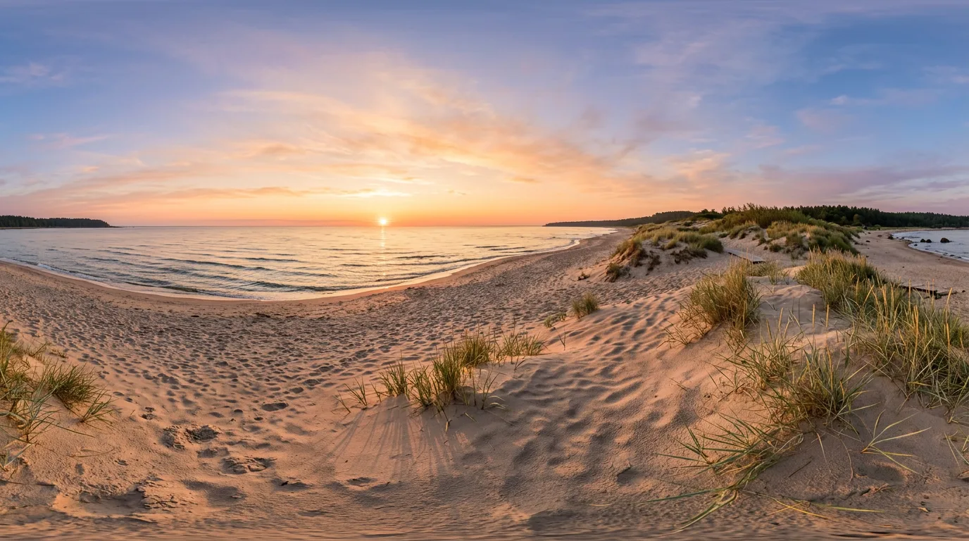 360°-панорама рассветного балтийского пляжа