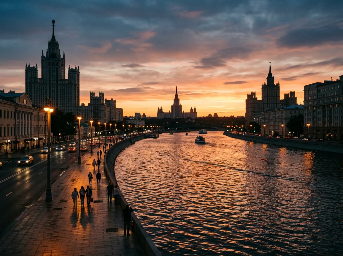 Закат над Москвой-рекой и силуэты сталинских высоток на горизонте