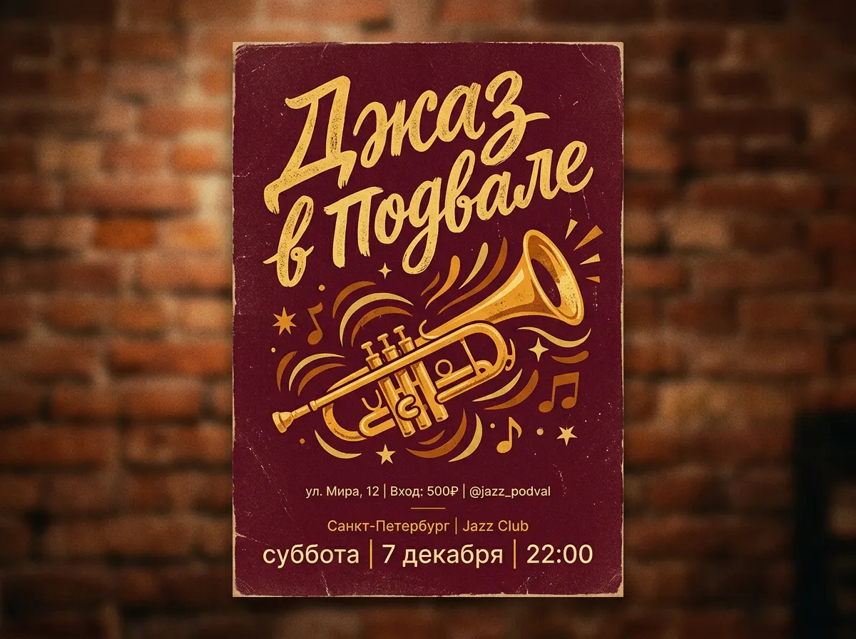Постер джаз-клуба «ДЖАЗ В ПОДВАЛЕ» в стиле 1960-х с трубой