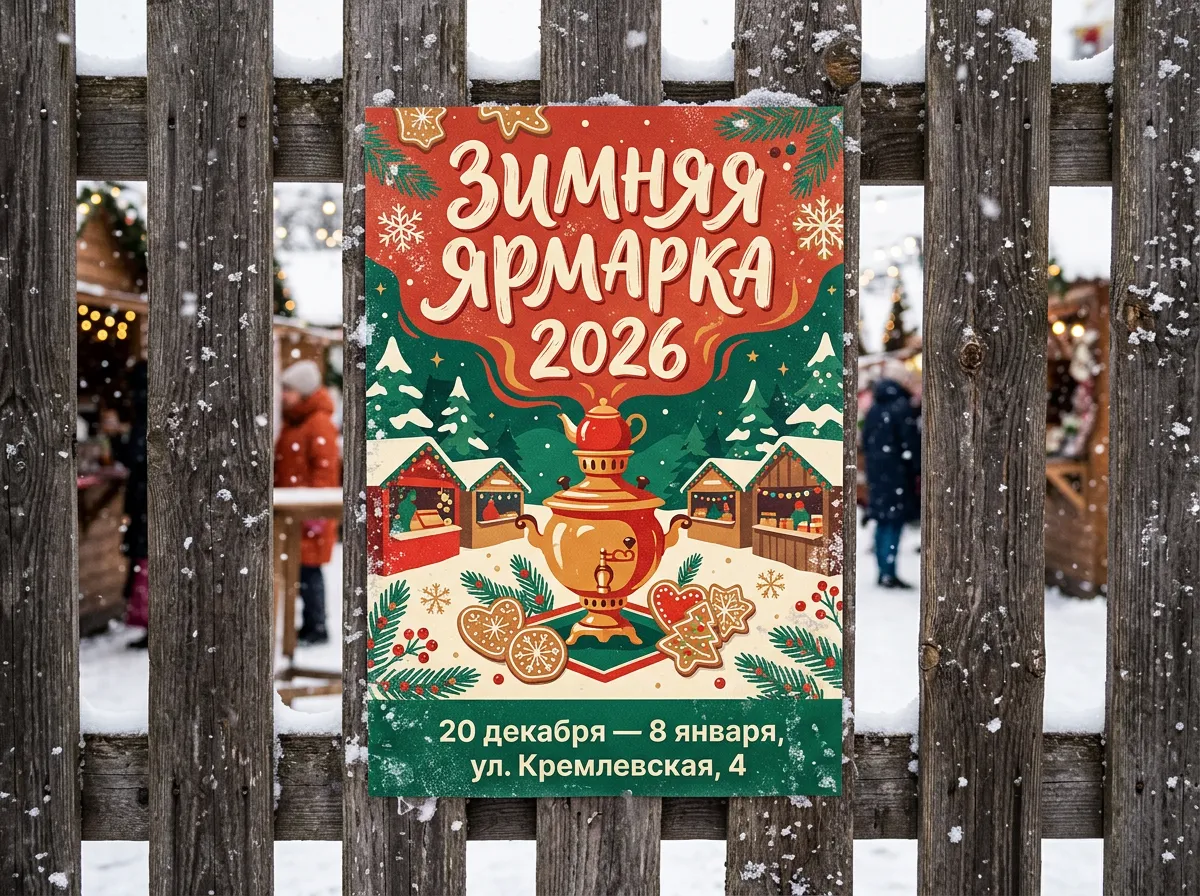 Уличный постер «ЗИМНЯЯ ЯРМАРКА 2026» с самоваром и пряниками