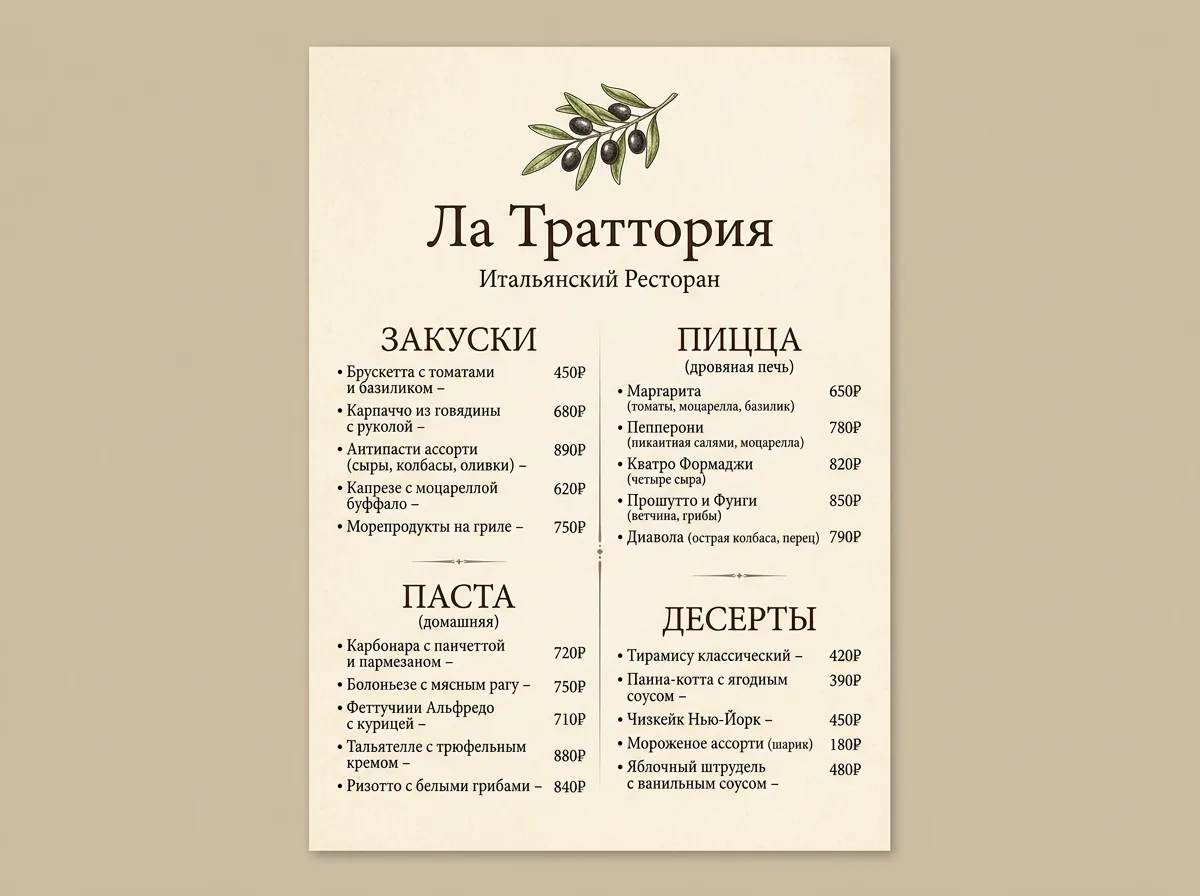 Меню A4 итальянского ресторана с веточкой оливы