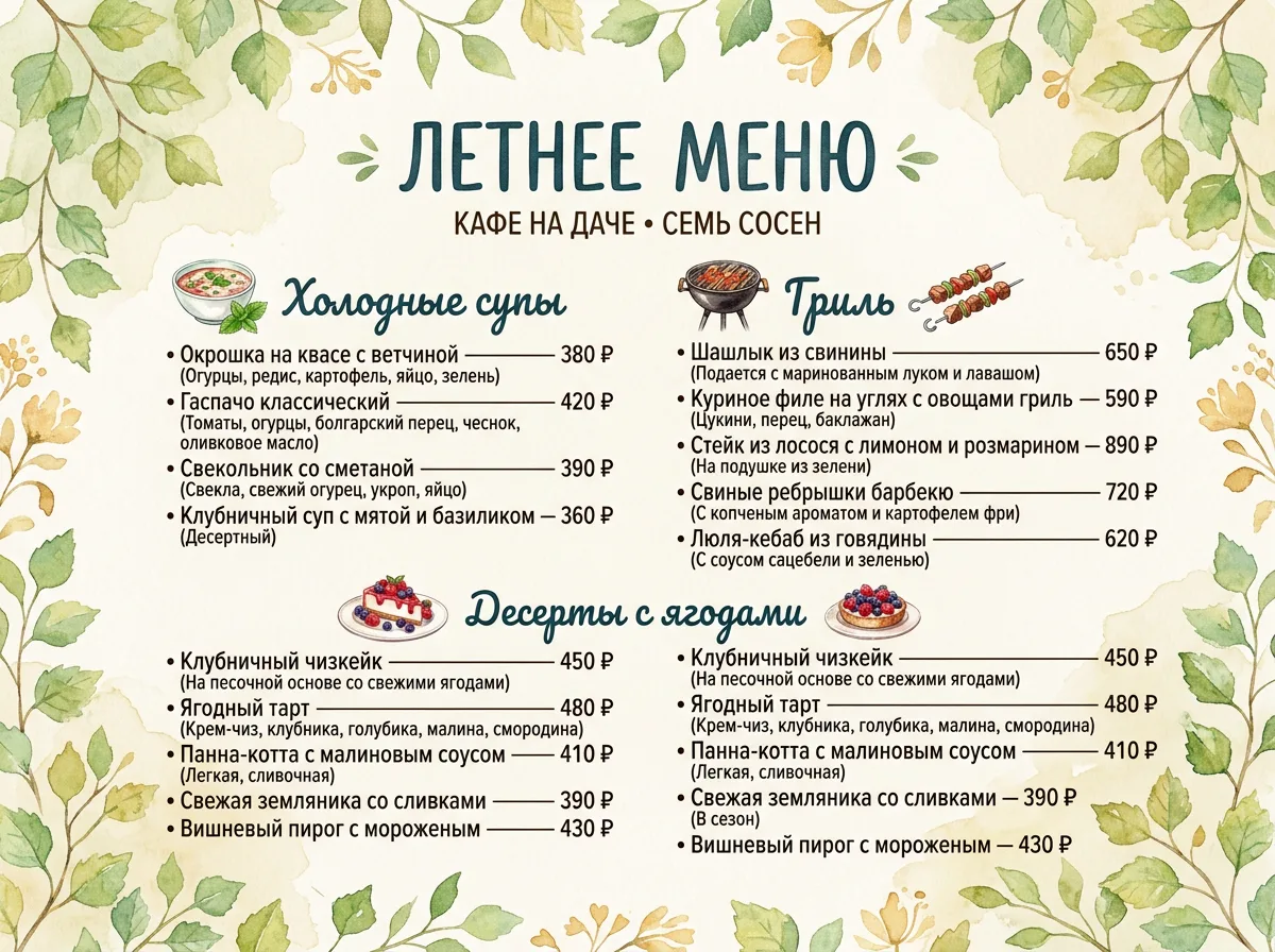 Летнее меню A4 кафе «Семь сосен» с акварельными листьями