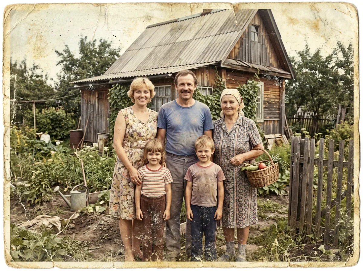 Выцветшее цветное семейное фото