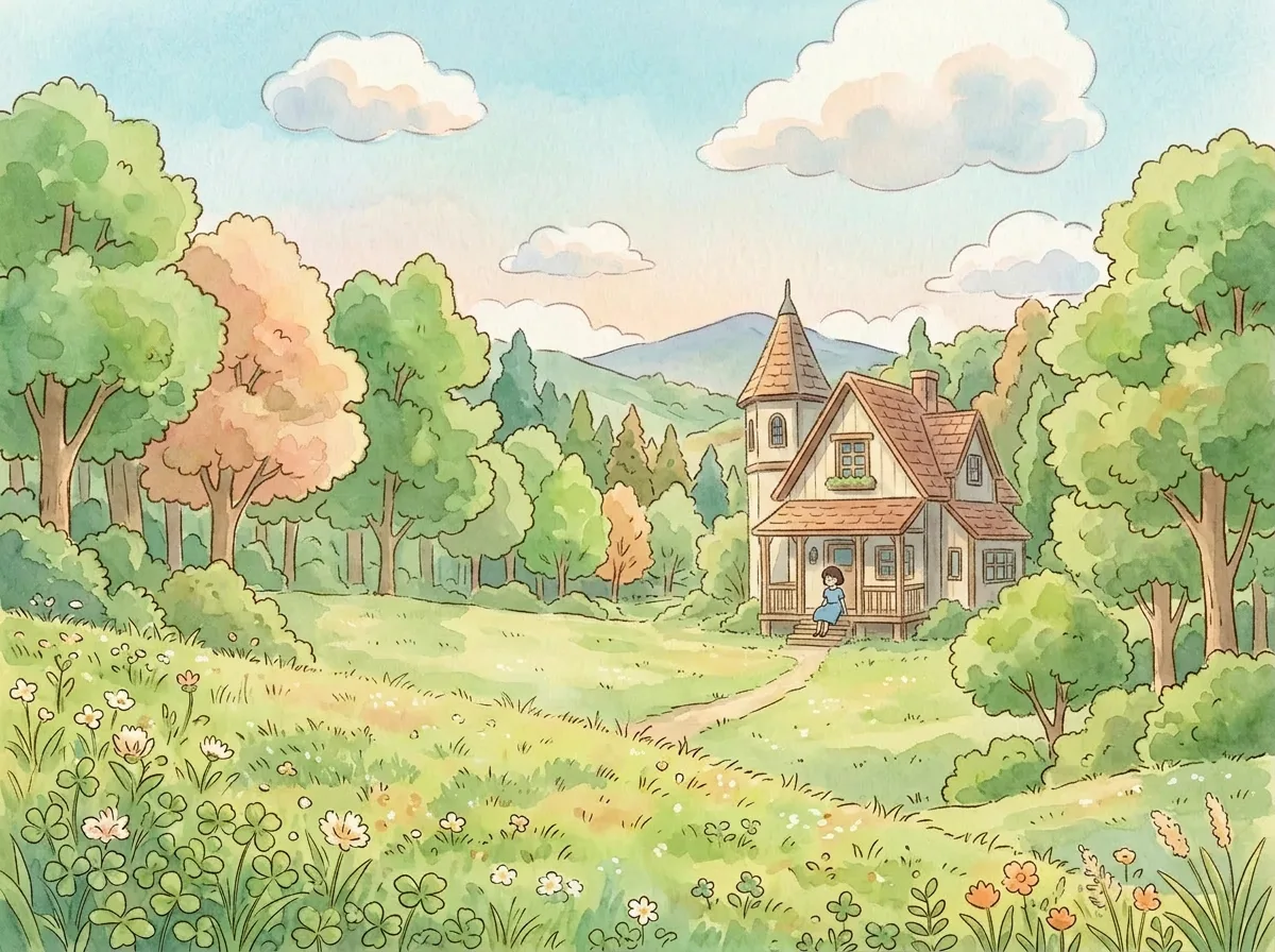 Картинка в стиле Studio Ghibli с домиком на поляне