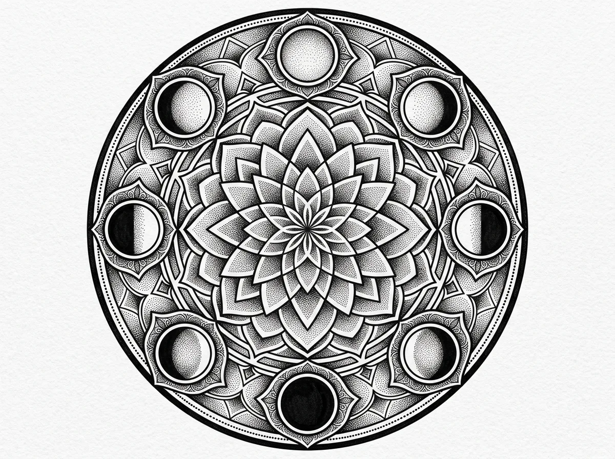 Мандала с фазами луны в стиле dotwork