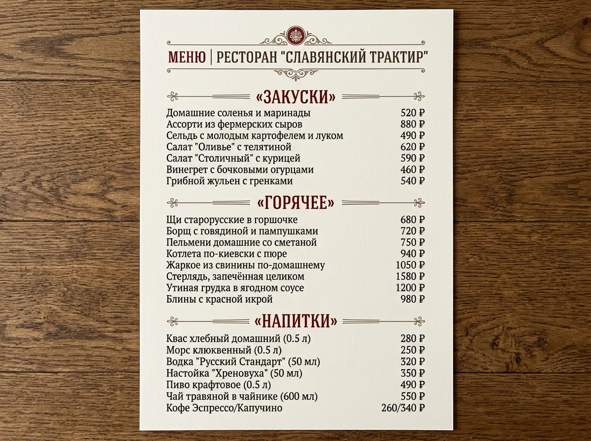 То же меню ресторана на русском с разделами и ценами