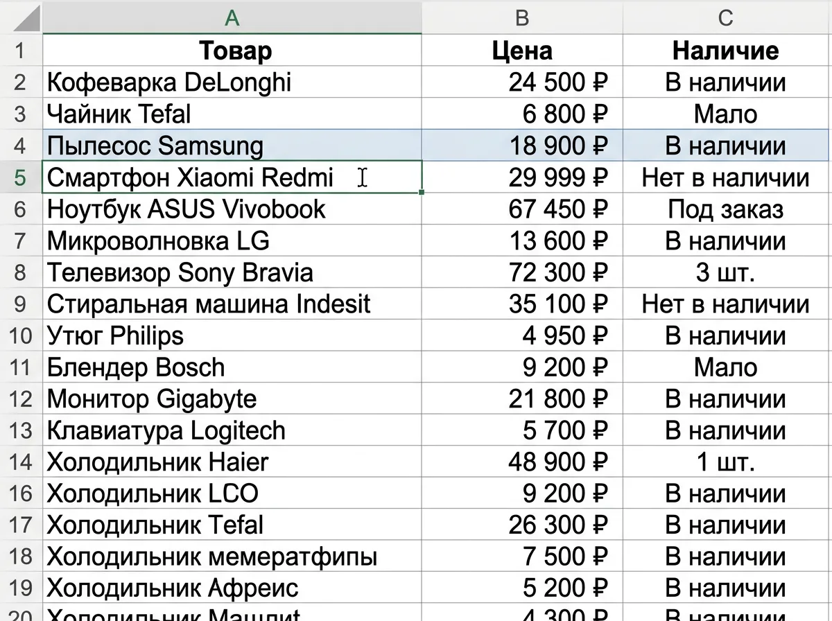 Тот же прайс-лист с названиями на русском