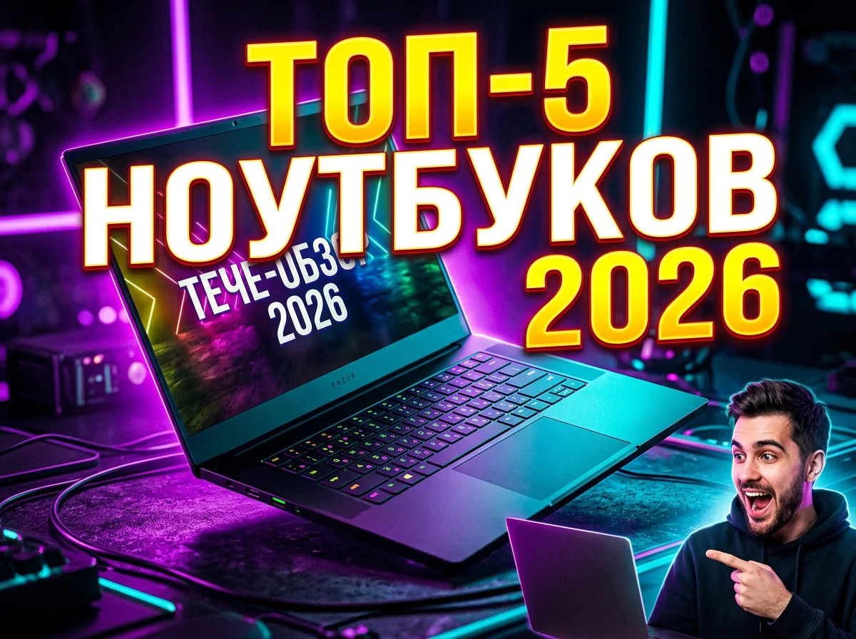 Обложка YouTube для tech-обзора ноутбуков