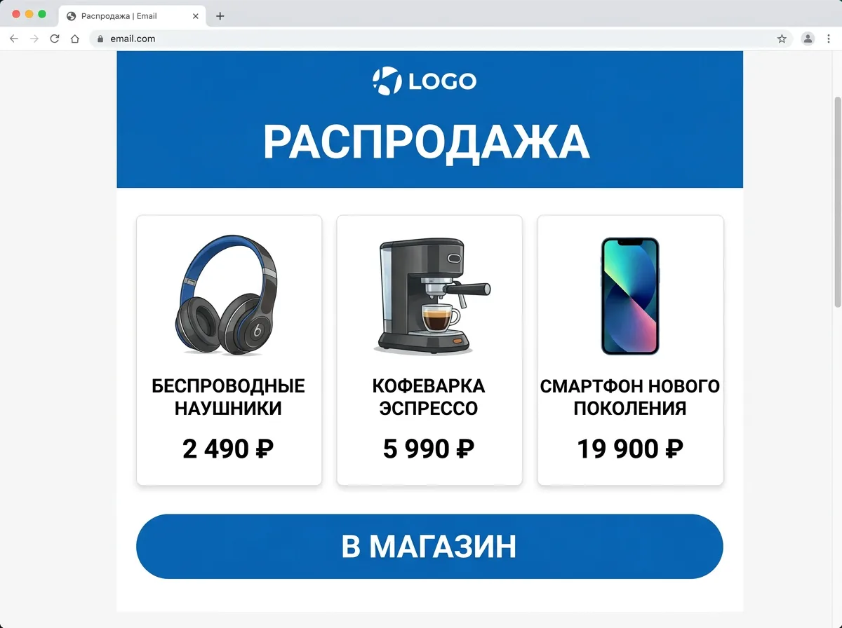 Пример HTML-рассылки, свёрстанной ёжом из текста письма