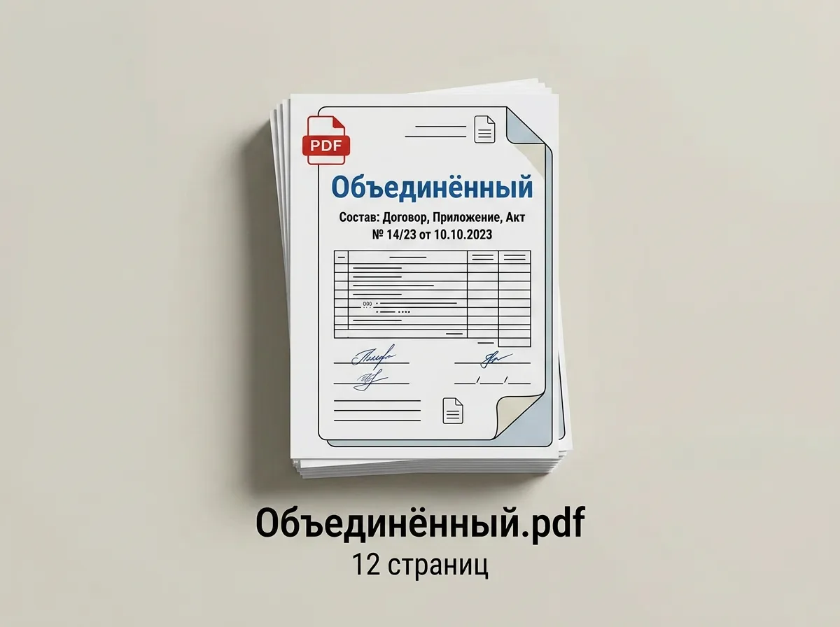 Пример объединения нескольких PDF в один, сделанного ёжом