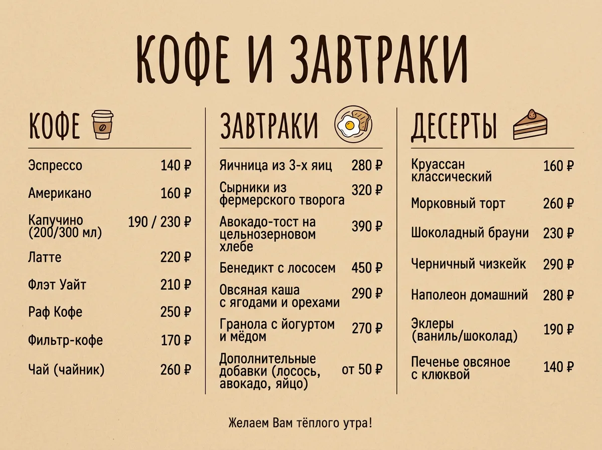 Пример меню для кафе, сделанного ёжом