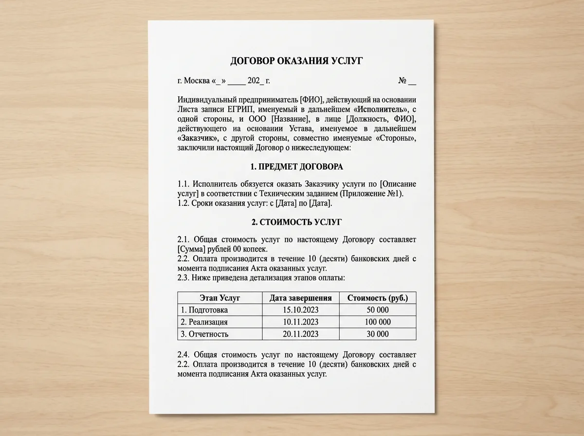 Договор оказания услуг на русском языке, отправленный в чат